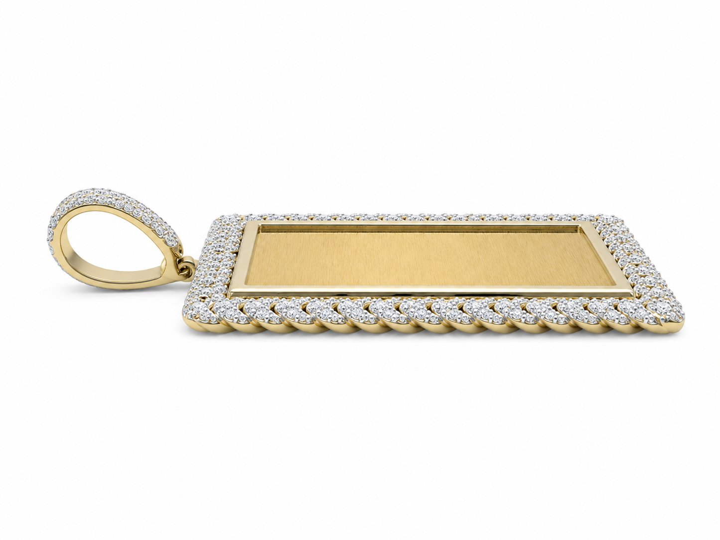 10K Two-Tone Gold Engravable Picture Pendant Rectangle Charm Cuban 0.36 ct Natural Diamond