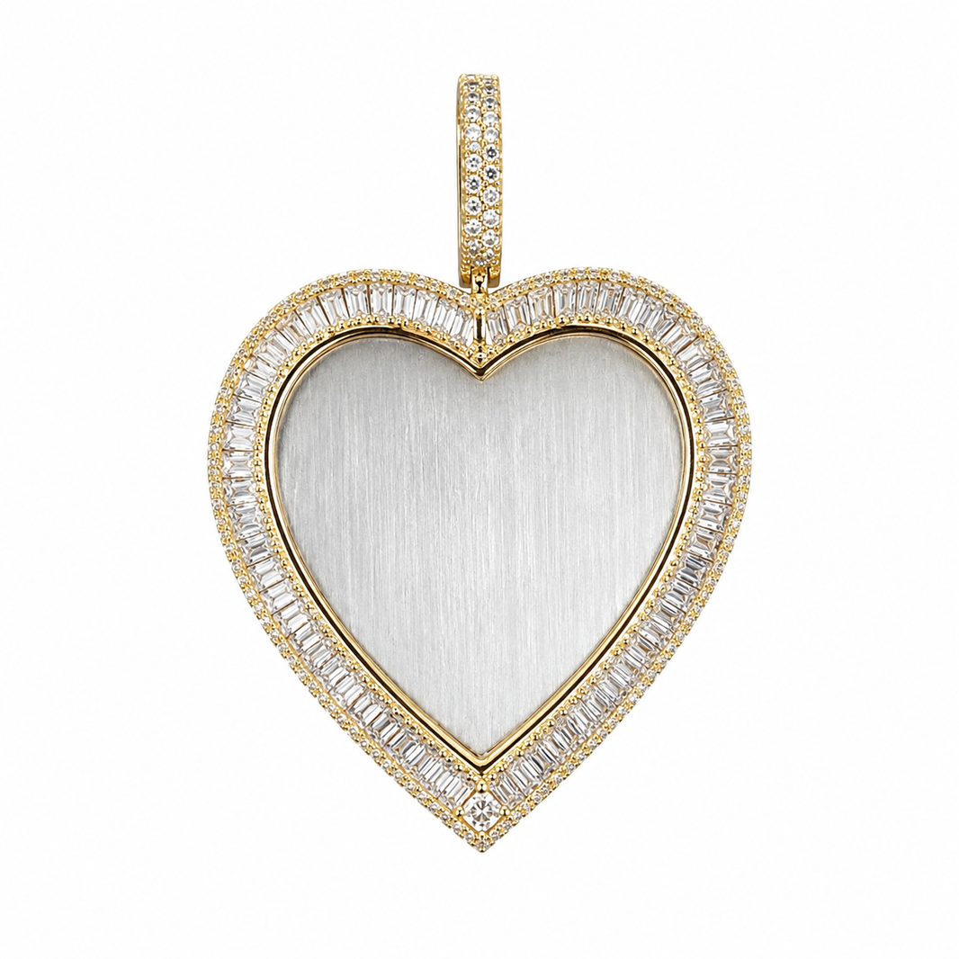 10K Two-Tone Gold Engravable Picture Pendant Heart Charm Baguette 0.95 ct Natural Diamond