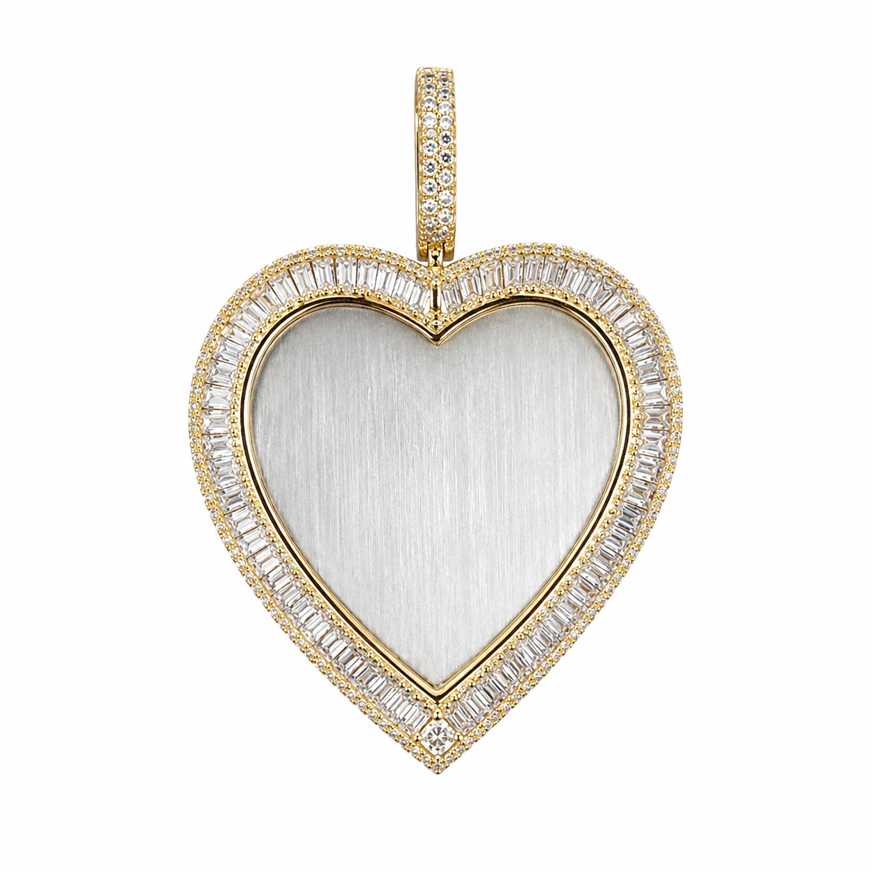 10K Two-Tone Gold Engravable Picture Pendant Heart Charm Baguette 0.95 ct Natural Diamond