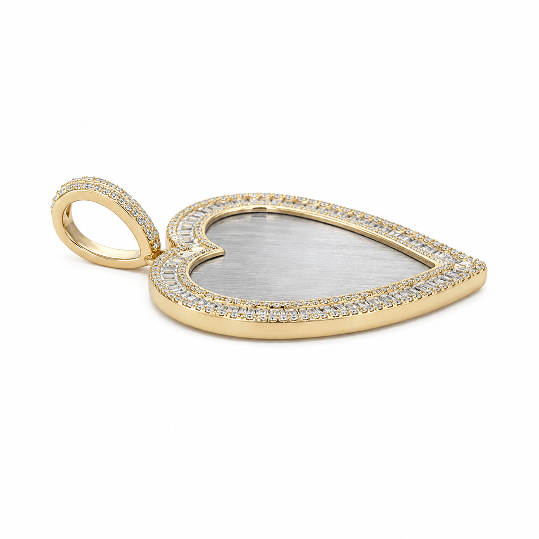 10K Two-Tone Gold Engravable Picture Pendant Heart Charm Baguette 0.95 ct Natural Diamond