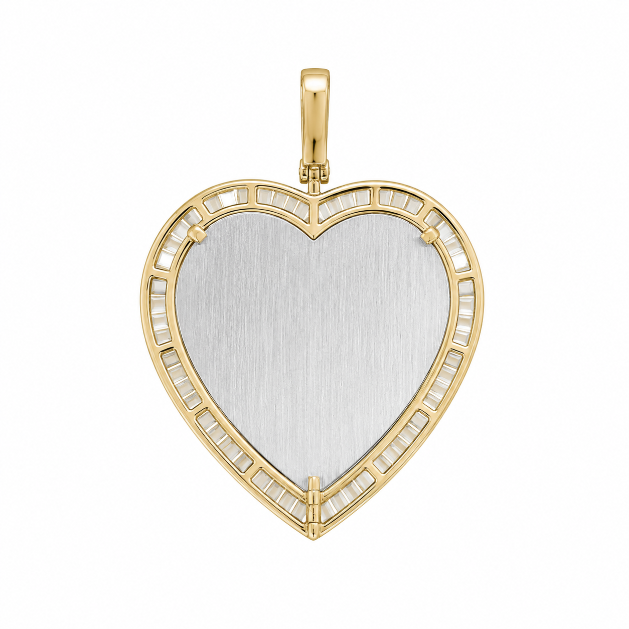 10K Two-Tone Gold Engravable Picture Pendant Heart Charm Baguette 0.95 ct Natural Diamond
