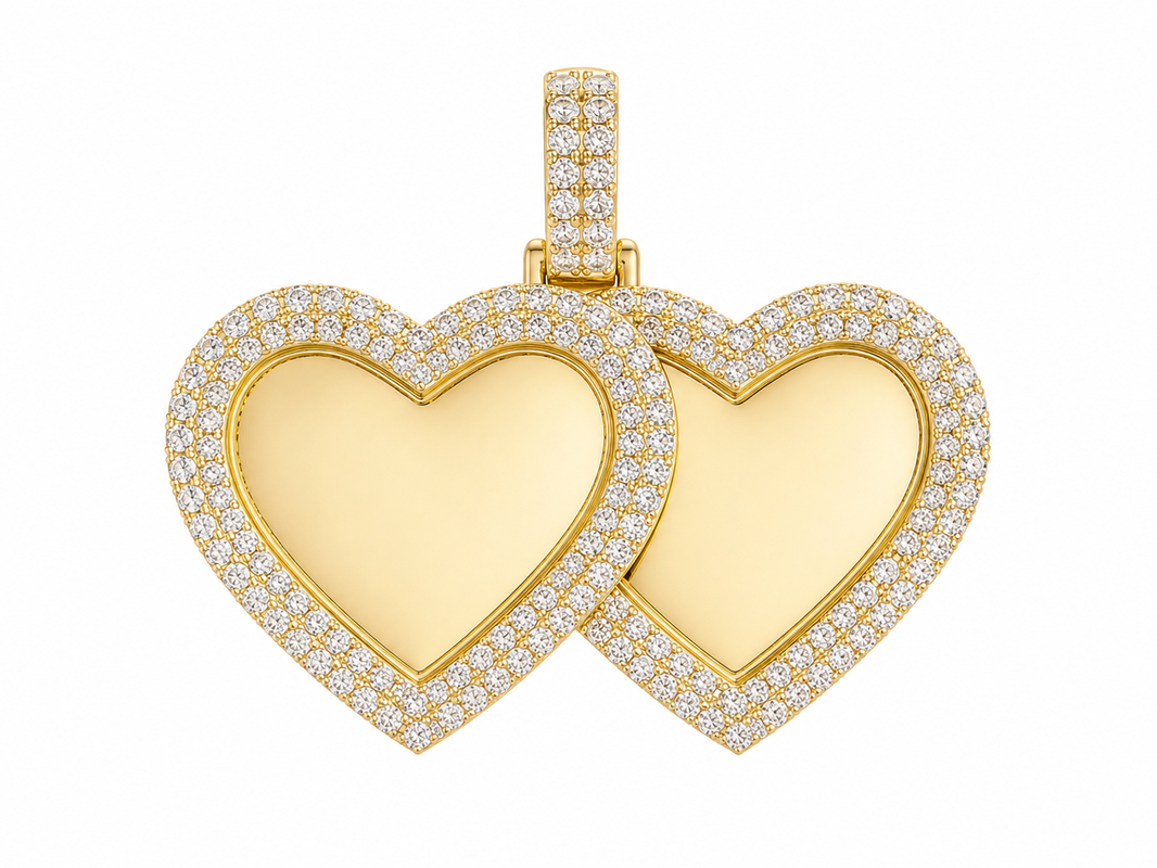 10K Yellow Gold Engravable Picture Pendant Double Heart Charm 1.71 ct Natural Diamond