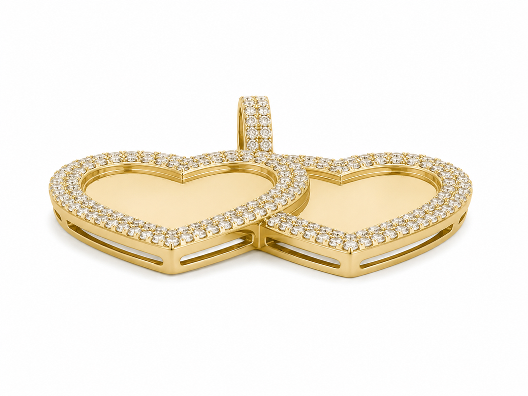 10K Yellow Gold Engravable Picture Pendant Double Heart Charm 1.71 ct Natural Diamond