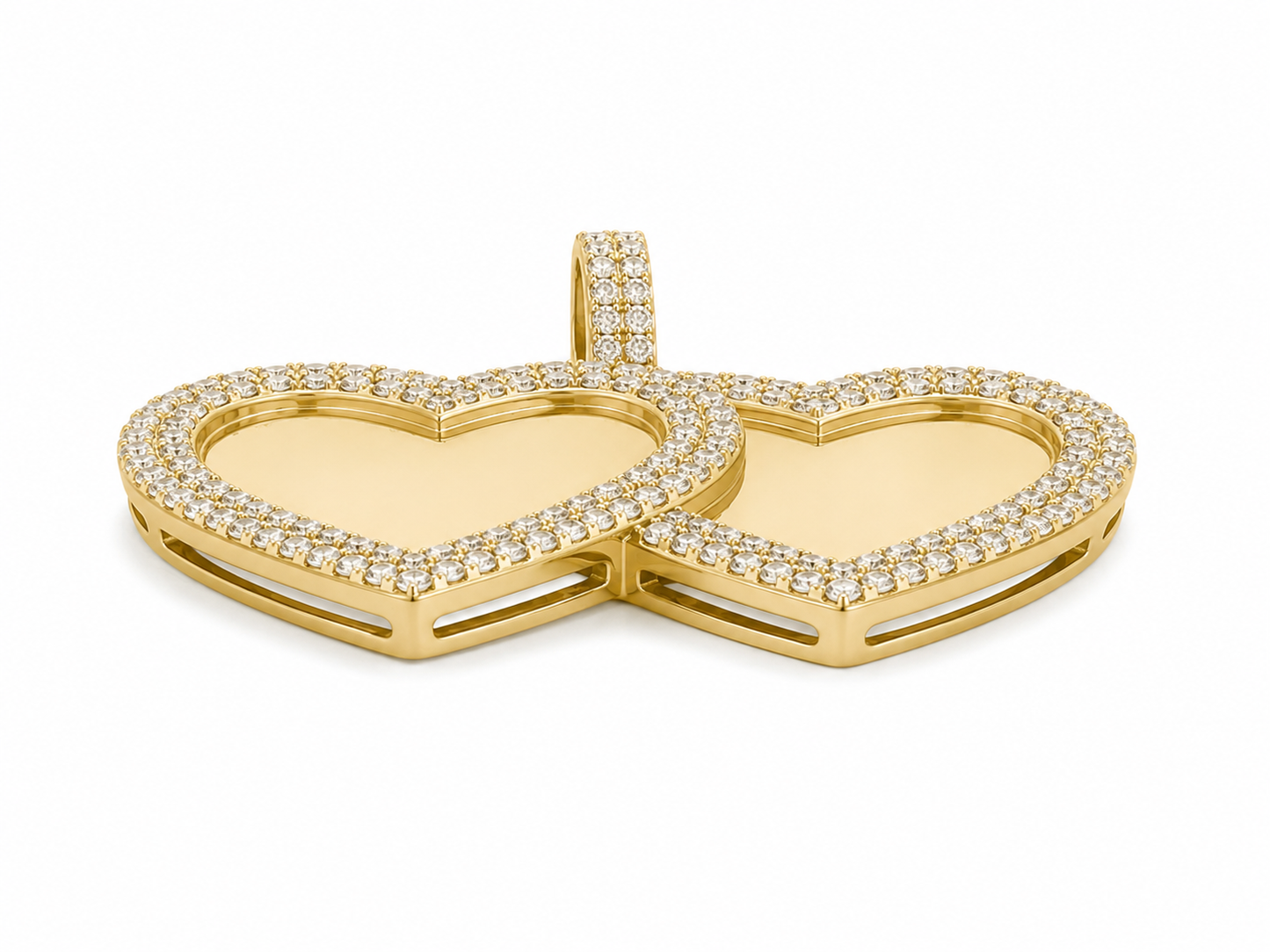 10K Yellow Gold Engravable Picture Pendant Double Heart Charm 1.71 ct Natural Diamond