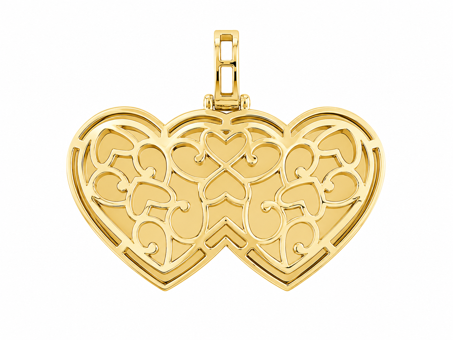 10K Yellow Gold Engravable Picture Pendant Double Heart Charm 1.71 ct Natural Diamond