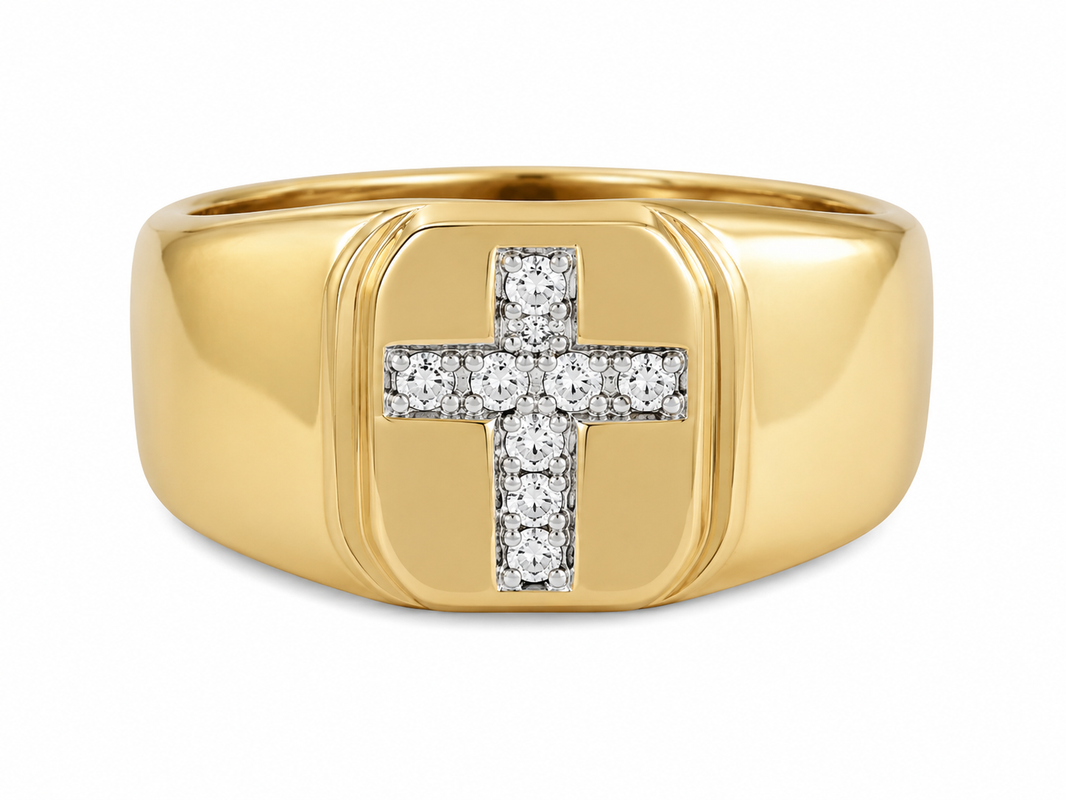 10K Yellow Gold Men's Cross Ring 0.06 ct Natural Diamond
