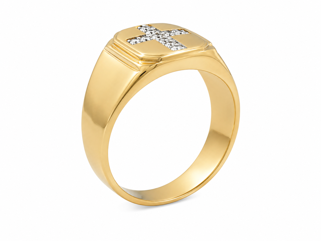 10K Yellow Gold Men's Cross Ring 0.06 ct Natural Diamond