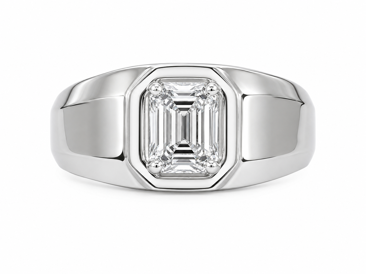 14K White Gold Men's Ring Emerald 1.00 ct Lab Grown Diamond