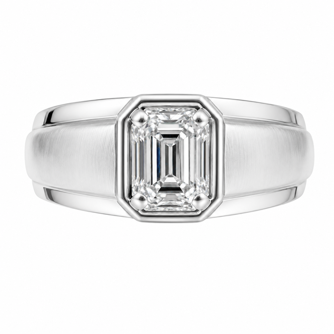 14K White Gold Men's Ring Emerald Cut 1.00 ct Lab Grown Diamond