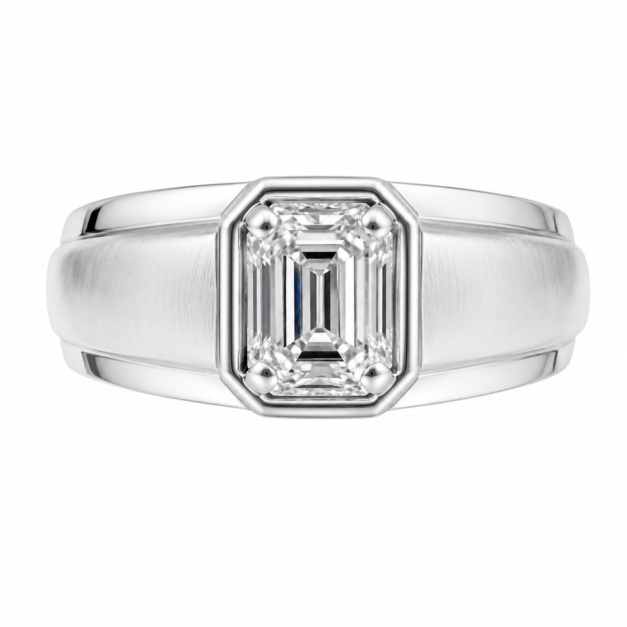 14K White Gold Men's Ring Emerald Cut 1.00 ct Lab Grown Diamond