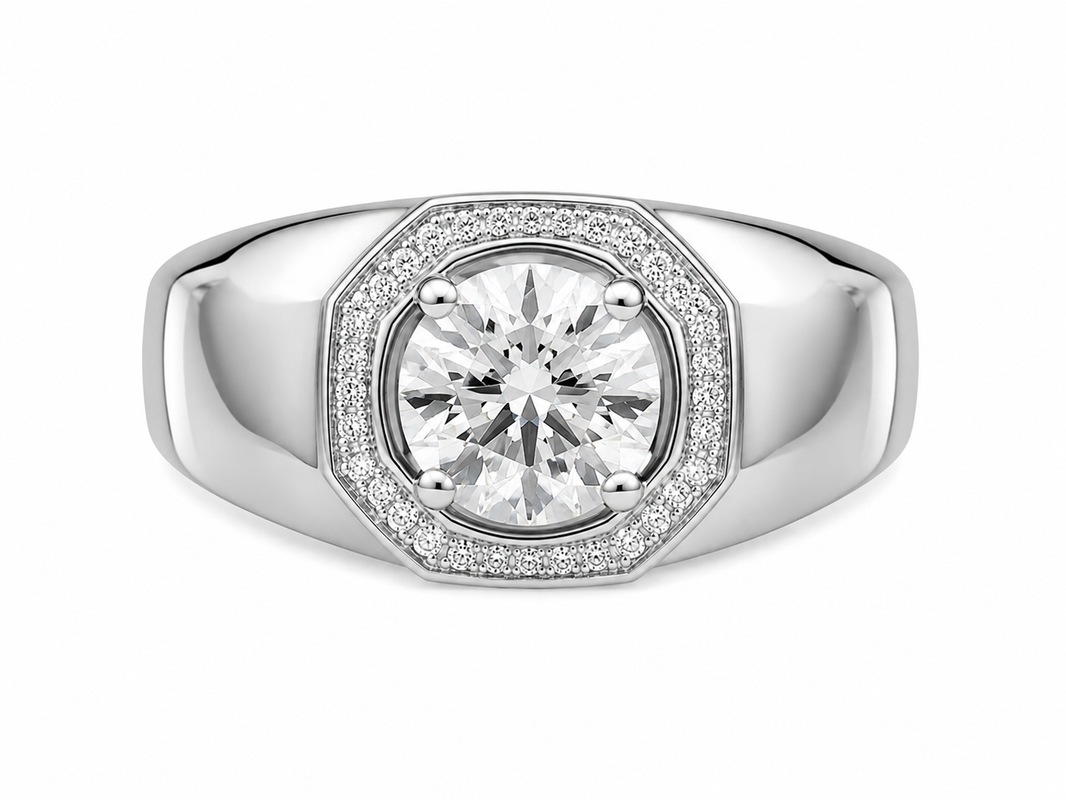 14K White Gold Men's Ring 1.14 ct Round Lab Grown Diamond