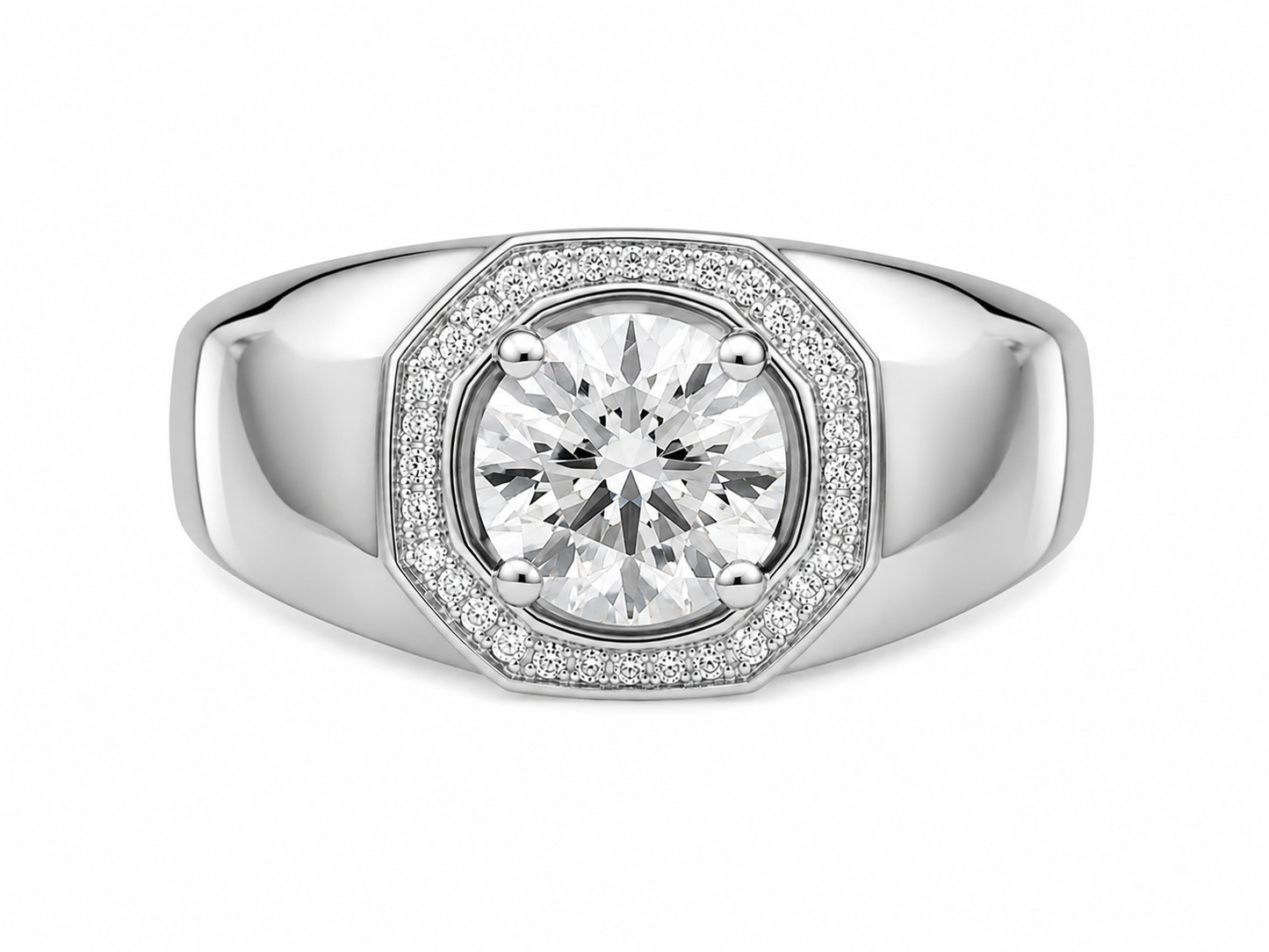 14K White Gold Men's Ring 1.14 ct Round Lab Grown Diamond