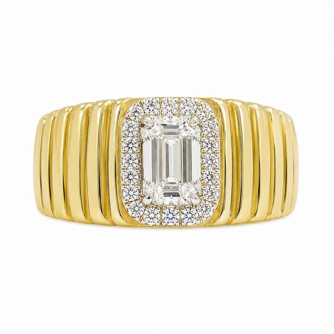 14K Yellow Gold Men's Ring Emerald 1.04 ct Lab Grown Diamond