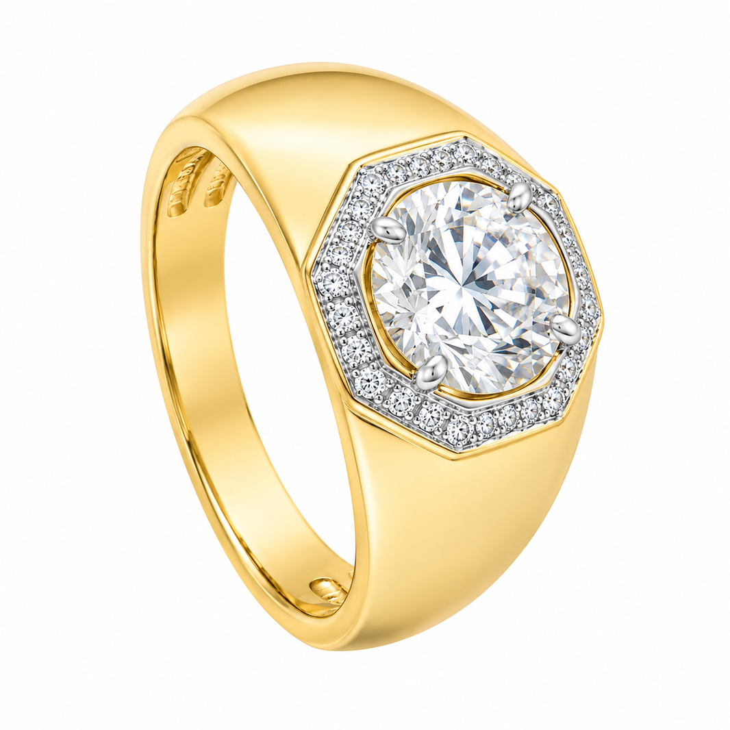 14K Yellow Gold Men's Ring Round 1.12 ct Lab Grown Diamond