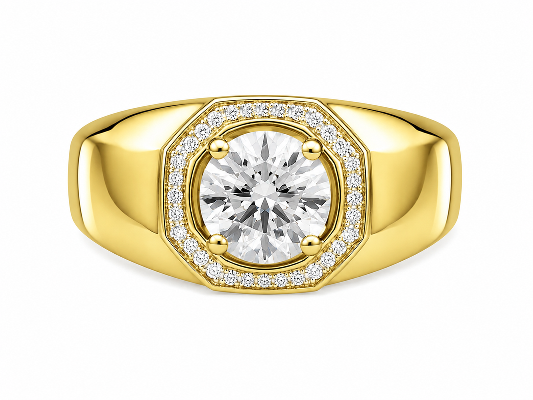 14K Yellow Gold Men's Ring Round 1.12 ct Lab Grown Diamond