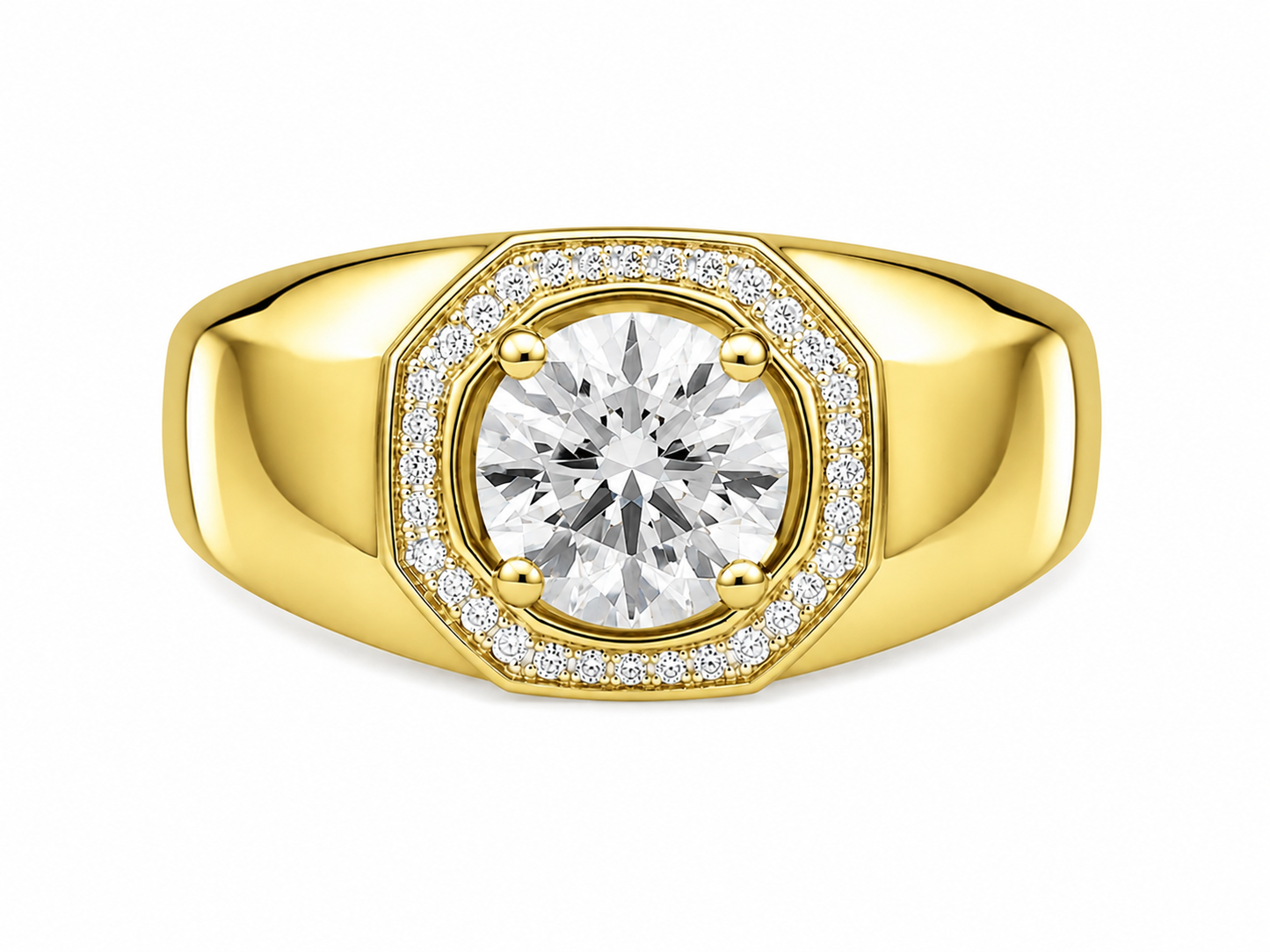 14K Yellow Gold Men's Ring Round 1.12 ct Lab Grown Diamond