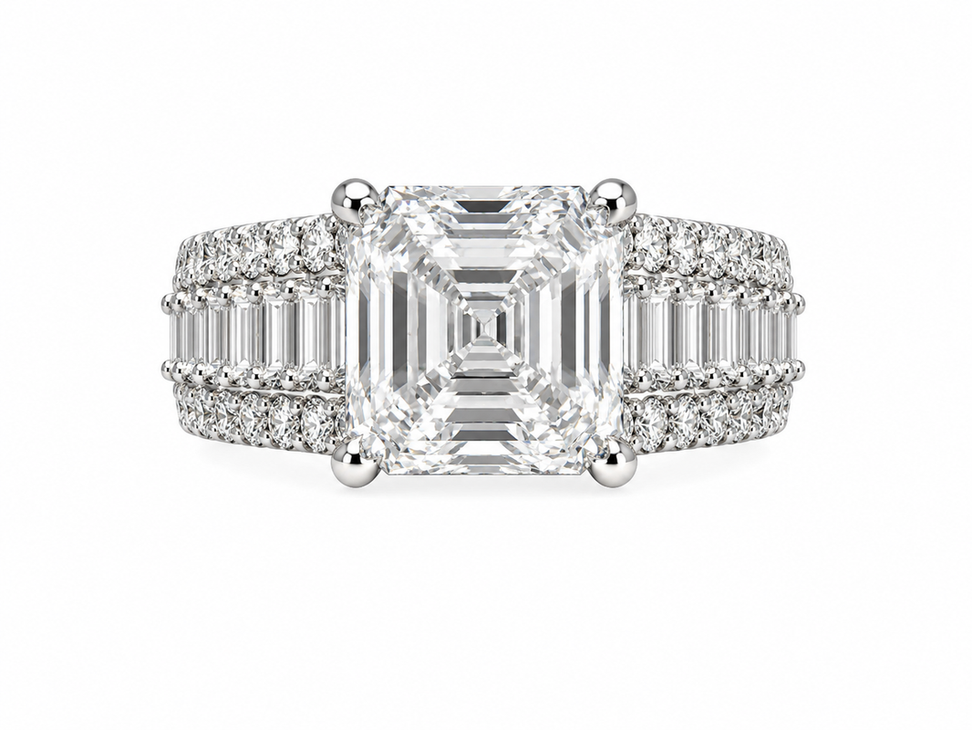 14K White Gold Ring Asscher, Baguette Presidential Band 4.00 ct Lab Grown Diamond