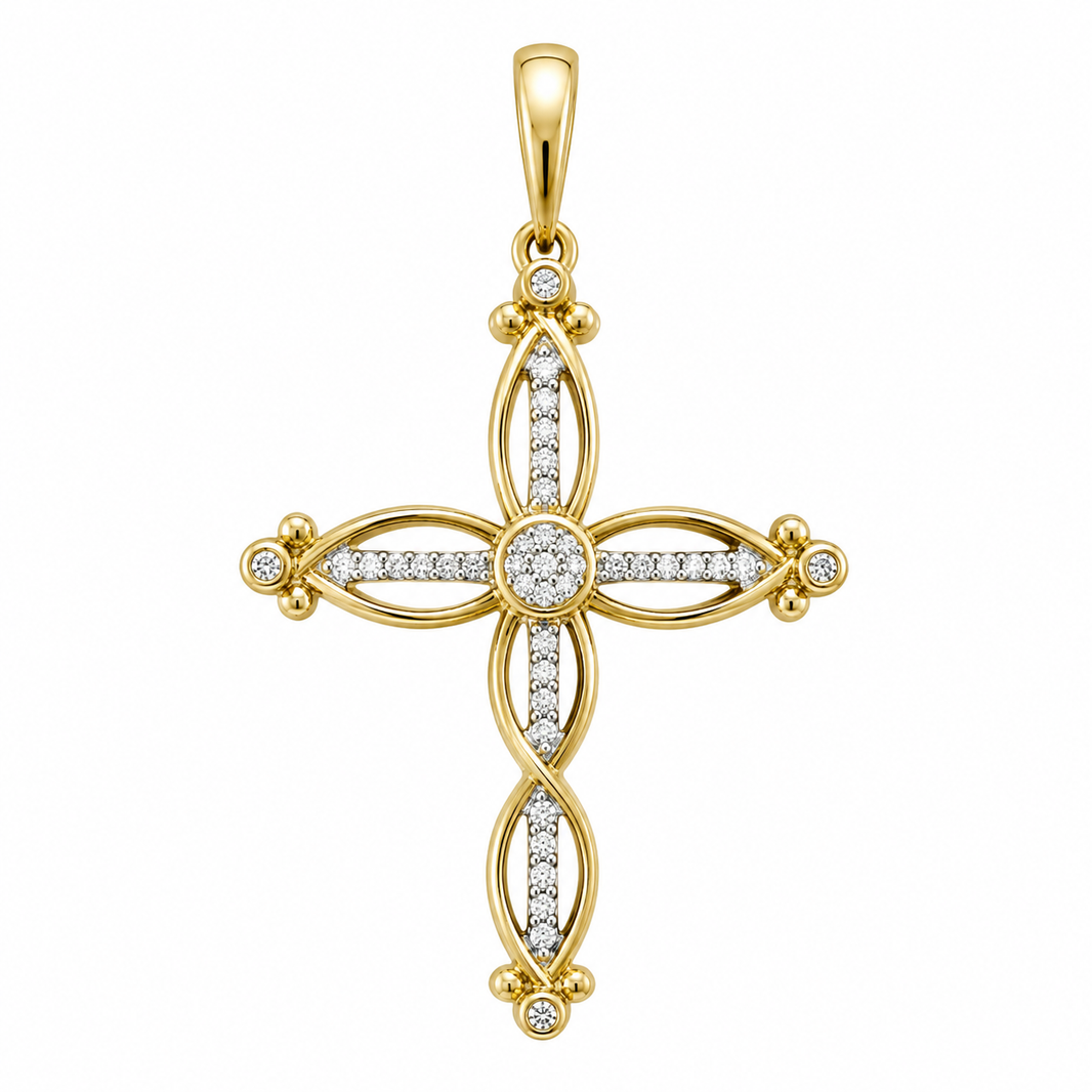 10K Two-Tone Gold Cross Charm 0.10 ct Natural Diamond