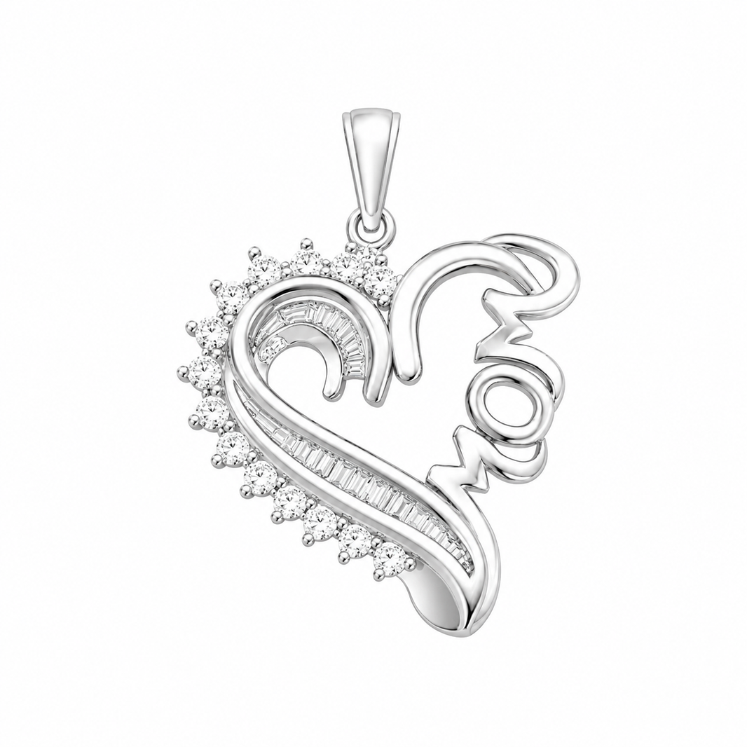 14K White Gold Mom Heart Charm 0.30 ct Natural Diamond