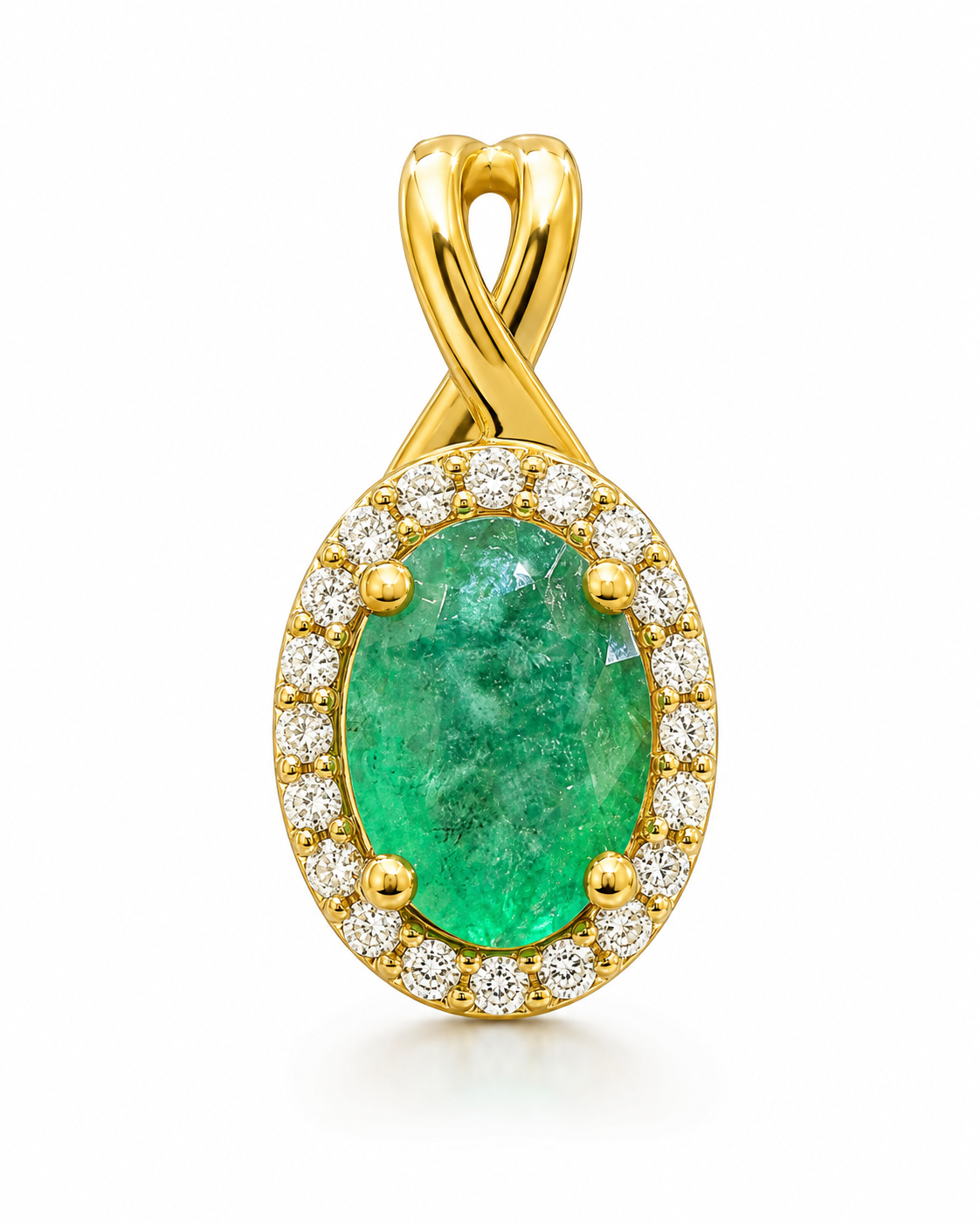 10K Yellow Gold Charm Oval 0.85 ct Emerald 0.12 ct Natural Diamond