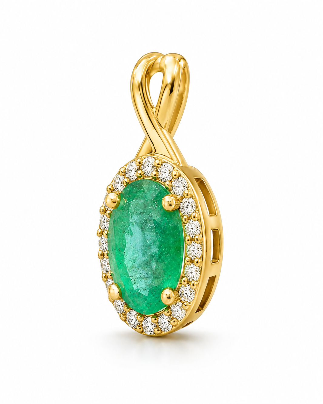 10K Yellow Gold Charm Oval 0.85 ct Emerald 0.12 ct Natural Diamond