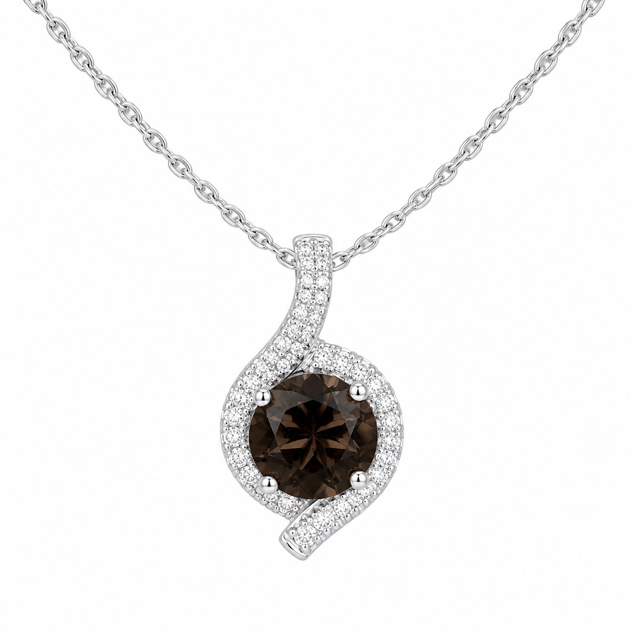 14K White Gold Charm/Chain Set Round Smokey Quartz 0.96 ct 0.14 ct Natural Diamond