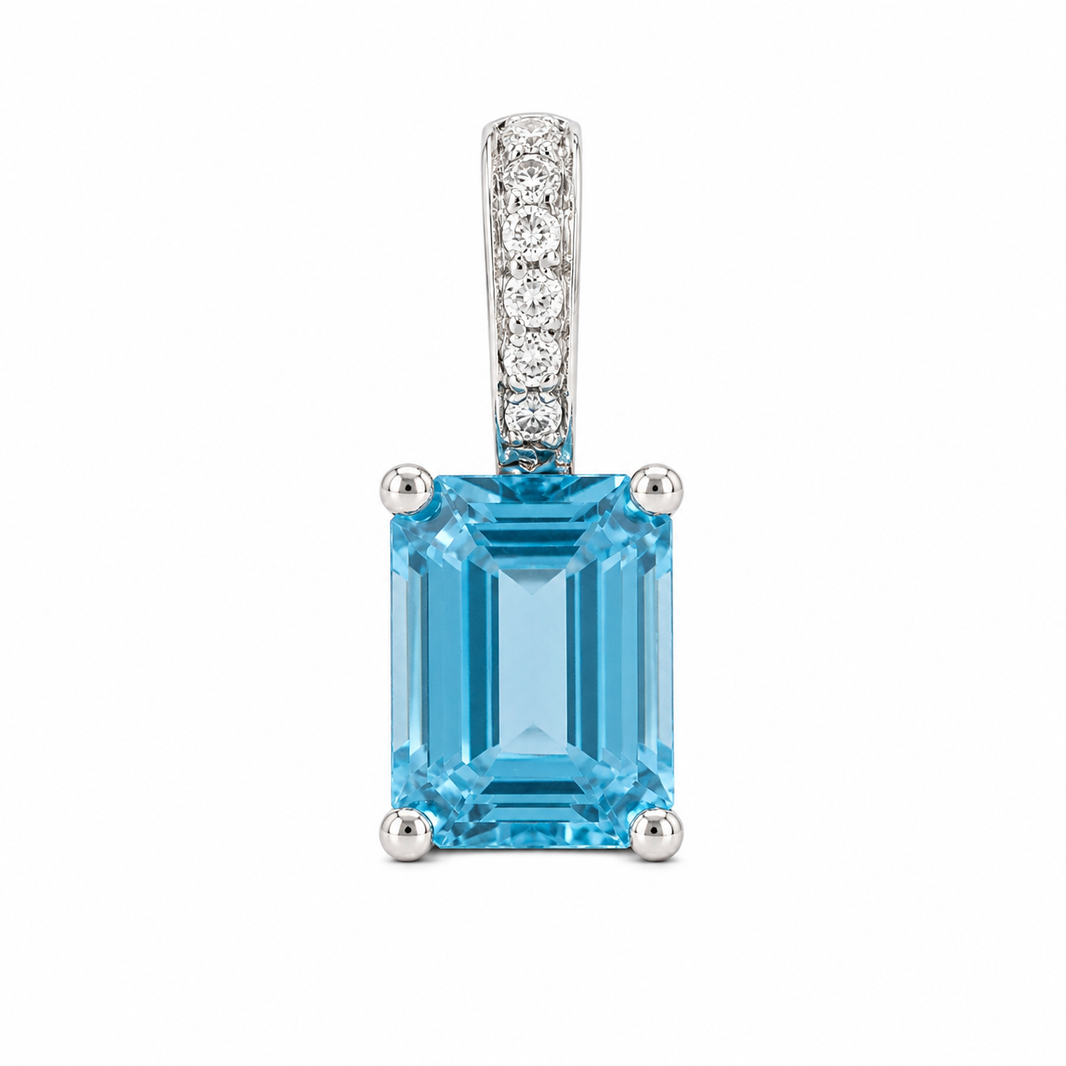 14K White Gold Charm 2.00 ct Blue Zircon 0.08 ct Natural Diamond