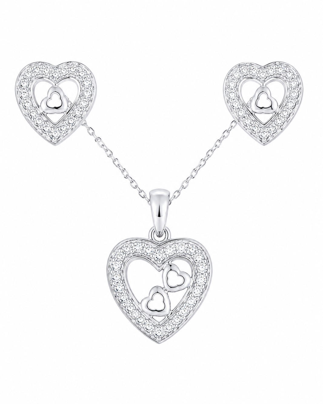10K White Gold Trio Set Necklace/Earrings Heart 0.05 ct Natural Diamond