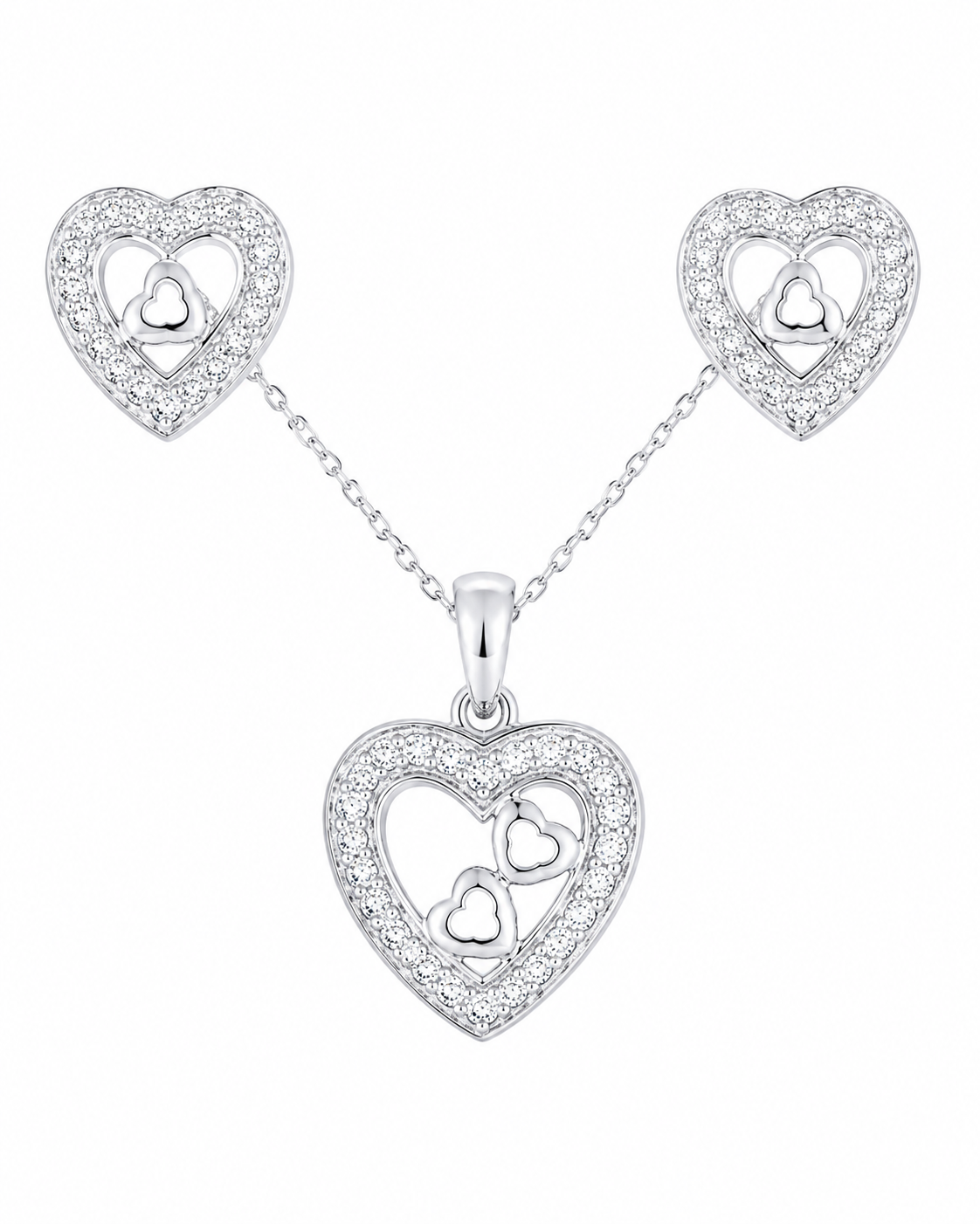 10K White Gold Trio Set Necklace/Earrings Heart 0.05 ct Natural Diamond