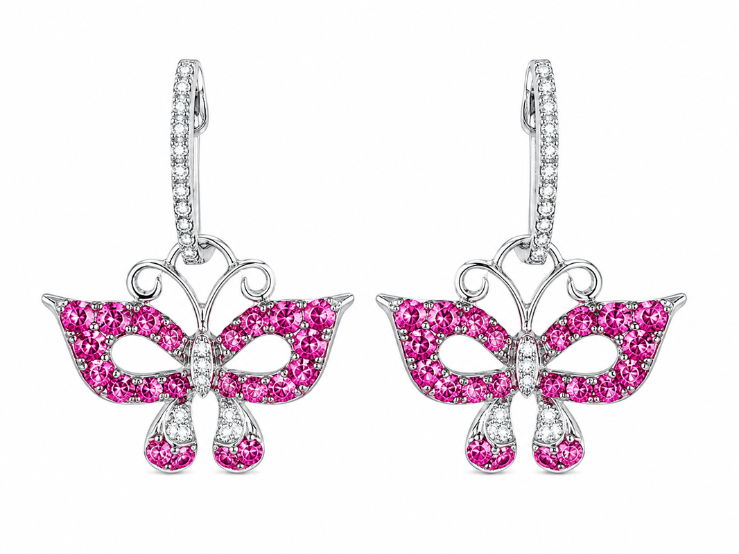 18K White Gold Butterfly Dangle Earrings 1.76 ct Pink Tourmaline 0.20 ct Natural Diamond