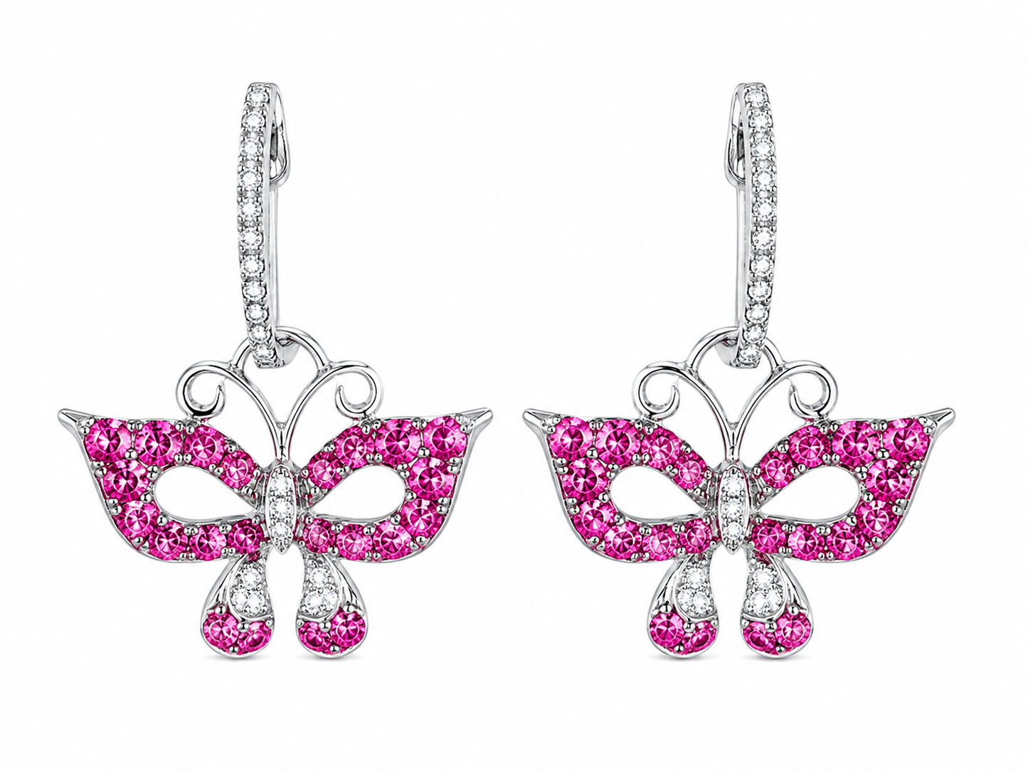18K White Gold Butterfly Dangle Earrings 1.76 ct Pink Tourmaline 0.20 ct Natural Diamond