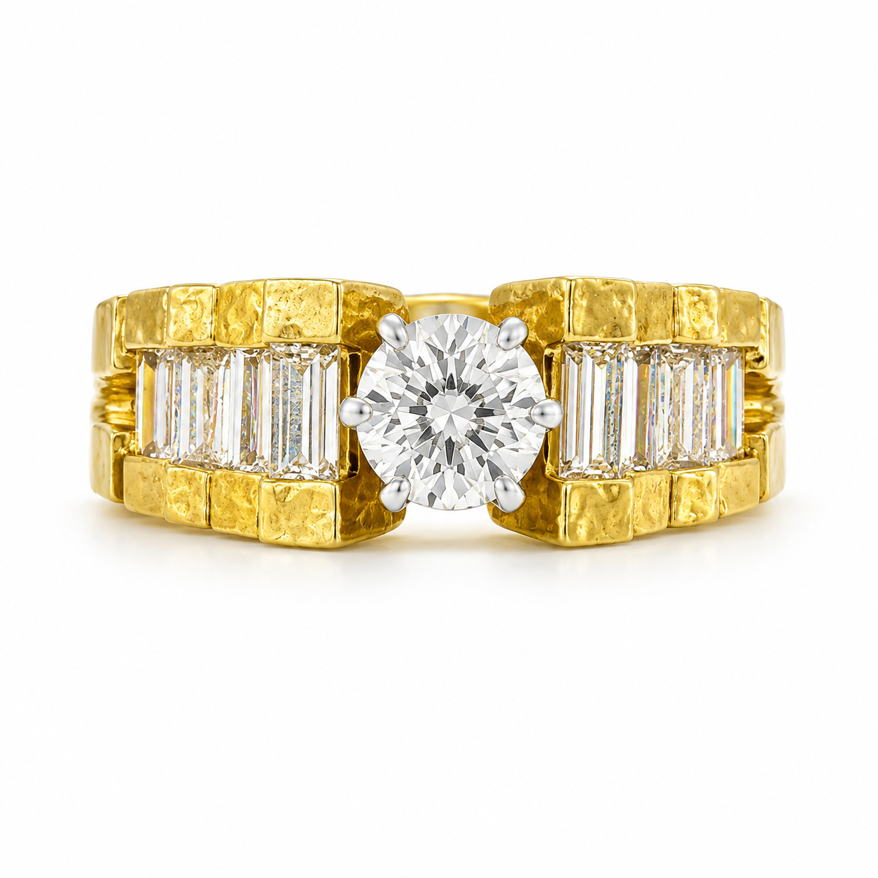 18K Yellow Gold Women's Ring Round, Baguette Presidential Style Band 1.00 ct Natural Diamond