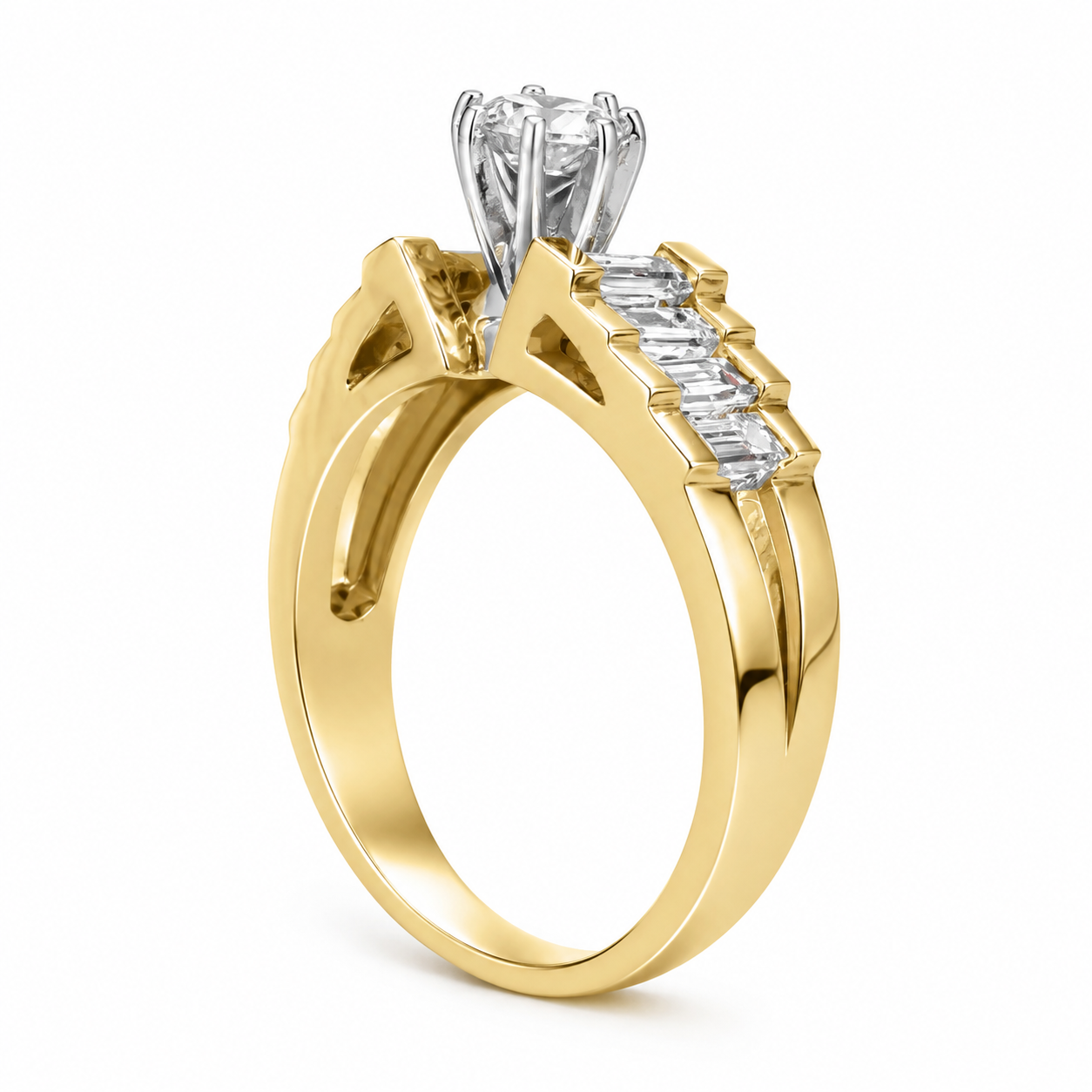 18K Yellow Gold Women's Ring Round, Baguette Presidential Style Band 1.00 ct Natural Diamond