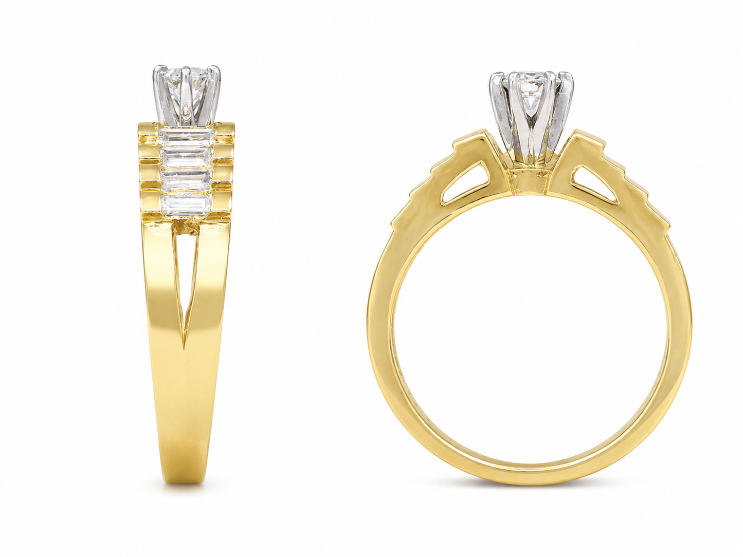 18K Yellow Gold Women's Ring Round, Baguette Presidential Style Band 1.00 ct Natural Diamond