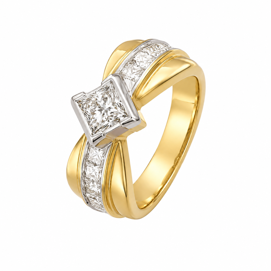 14K Two-Tone Gold Women's Ring 1.22 ct Princess Natural Diamond