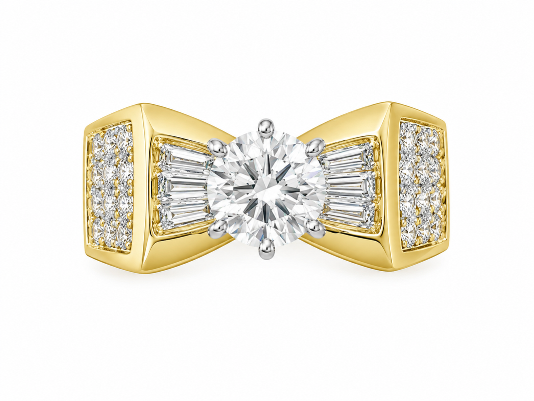 18K Yellow Gold Women's Wedding Ring 2.45 ct Round, Princess, Baguette Natural Diamond