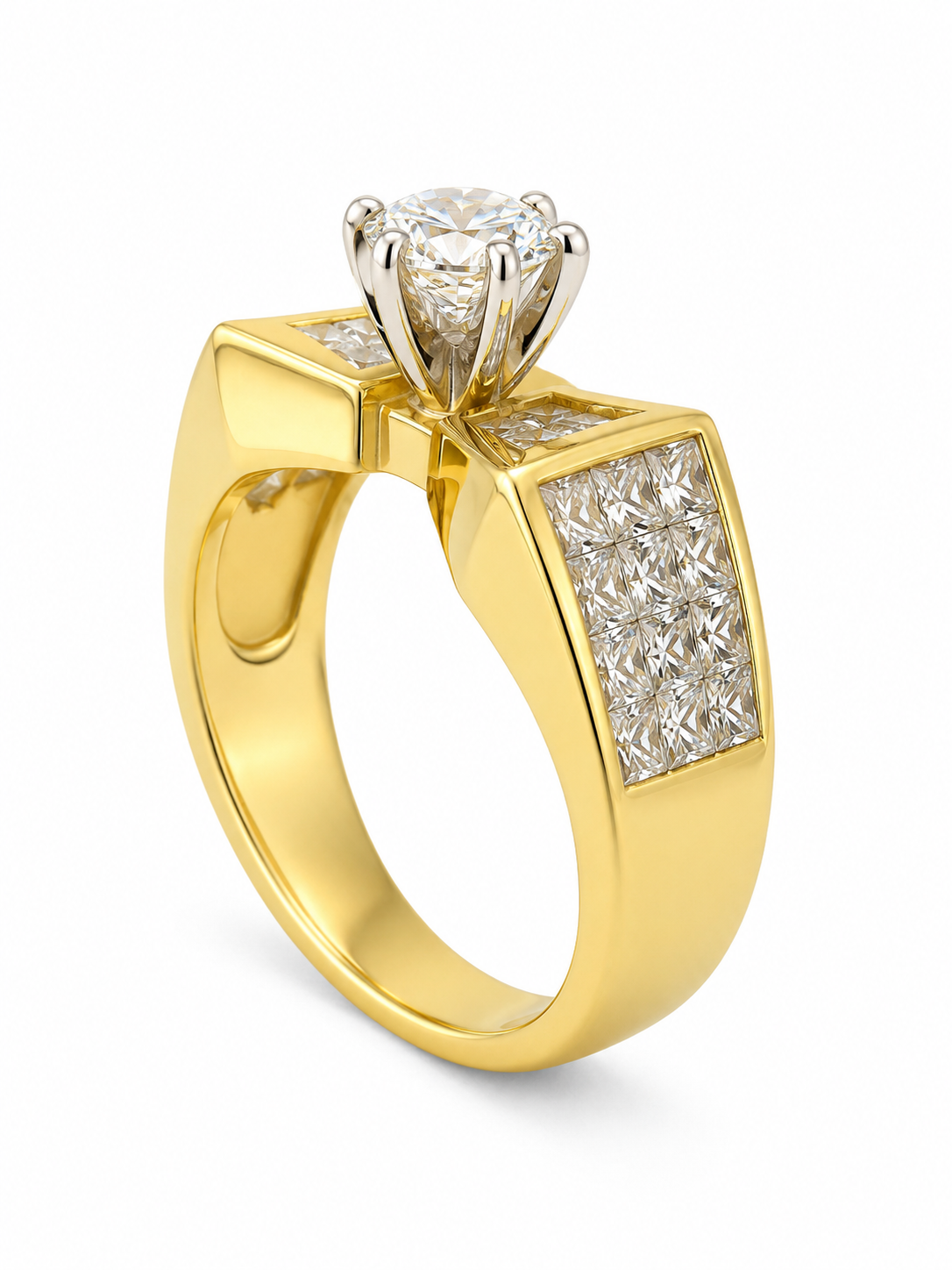 18K Yellow Gold Women's Wedding Ring 2.45 ct Round, Princess, Baguette Natural Diamond