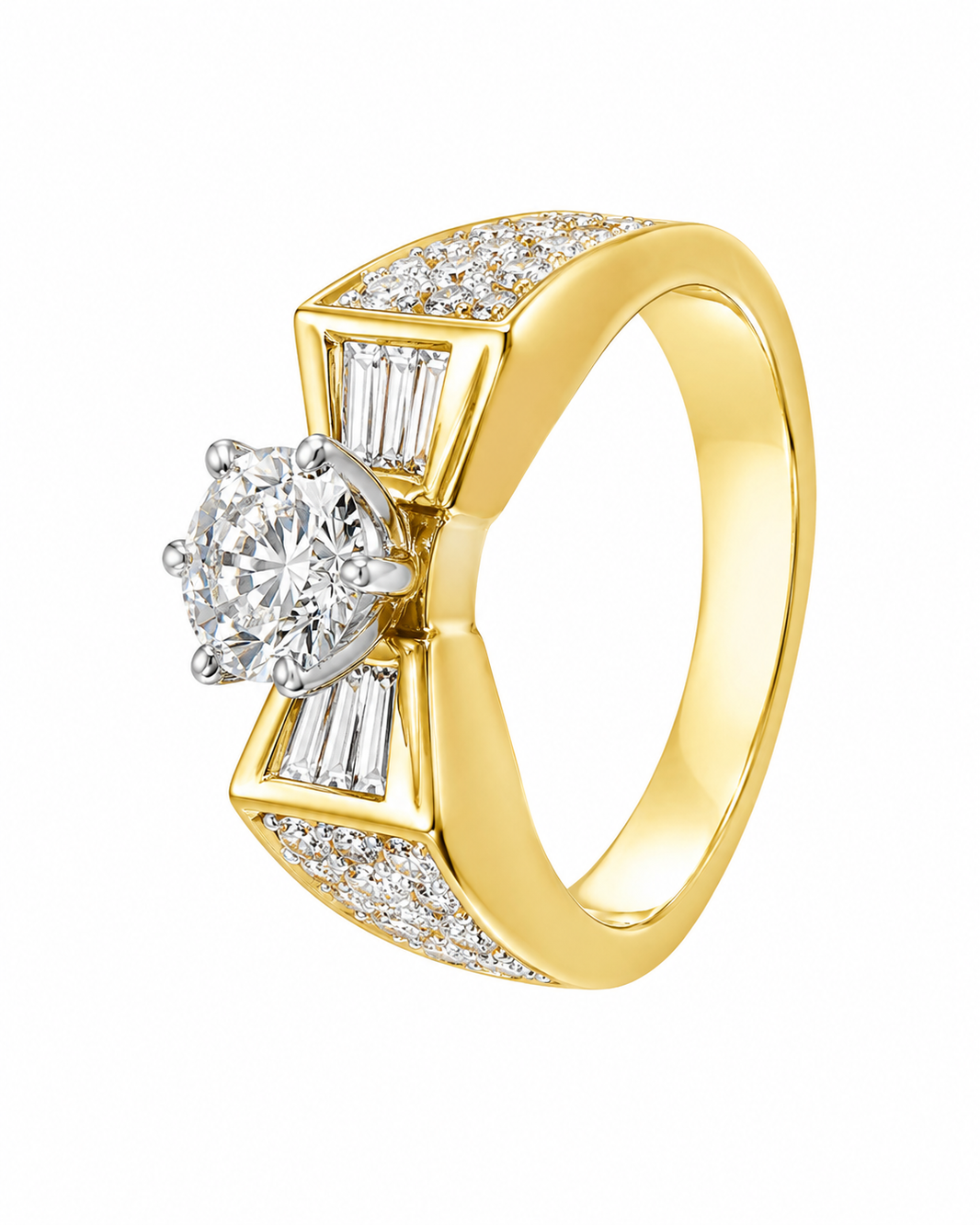 18K Yellow Gold Women's Wedding Ring 2.45 ct Round, Princess, Baguette Natural Diamond