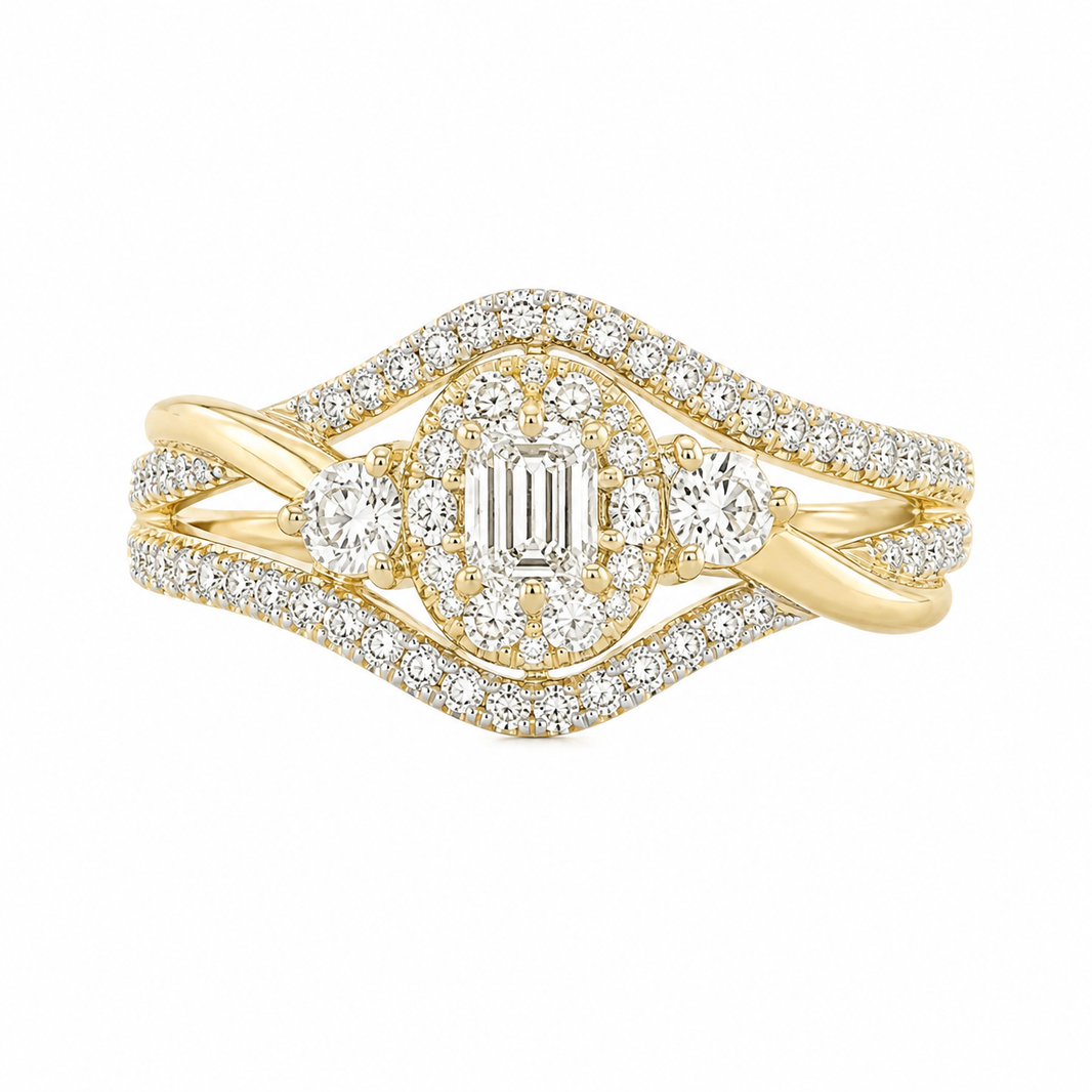 10K Yellow Gold Women's Ring Emerald 0.48 ct Natural Diamond