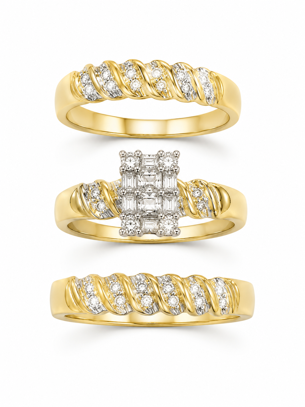 10K Yellow Gold Trio Wedding Set 0.10 ct Natural Diamond