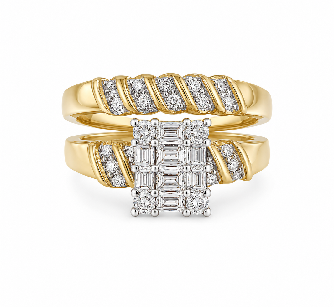 10K Yellow Gold Trio Wedding Set 0.10 ct Natural Diamond
