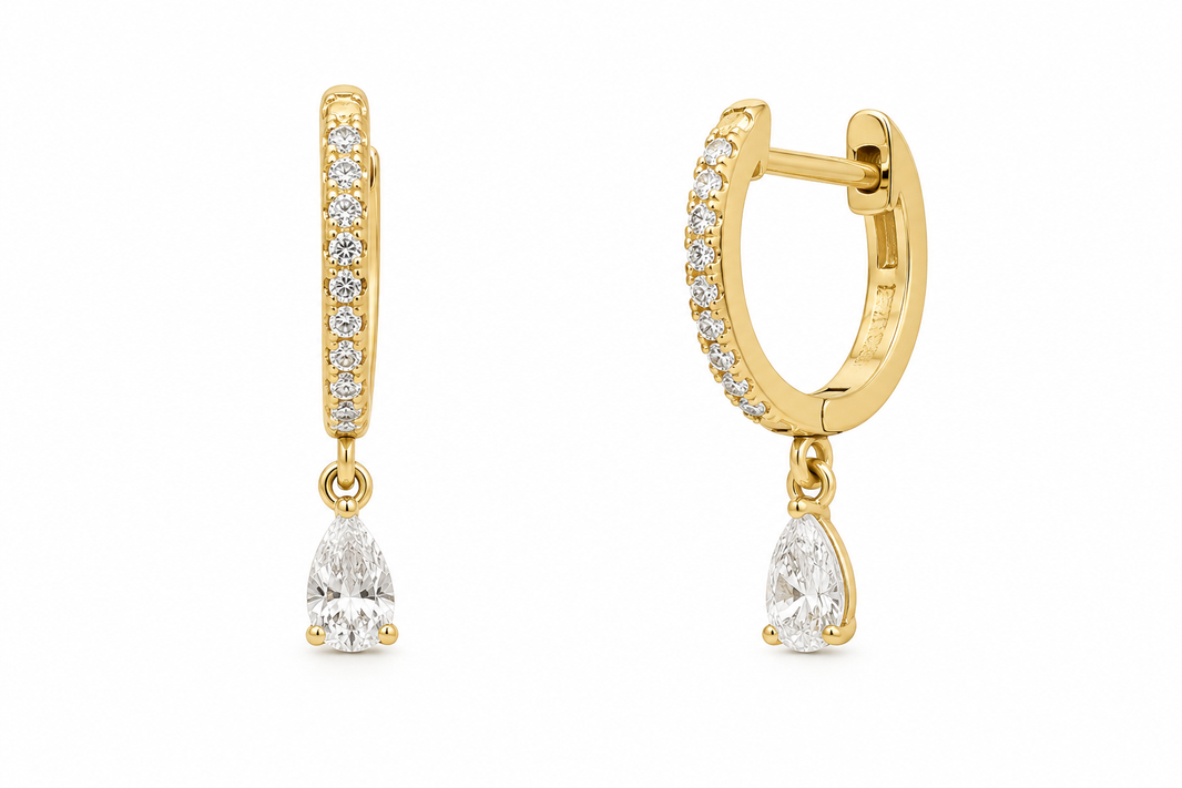 14K Yellow Gold Hoop Earrings Dangle Pear 0.33 ct Natural Diamond