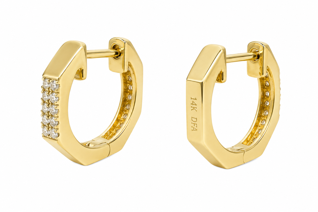 14K Yellow Gold Hoop Earrings 0.05 ct Natural Diamond