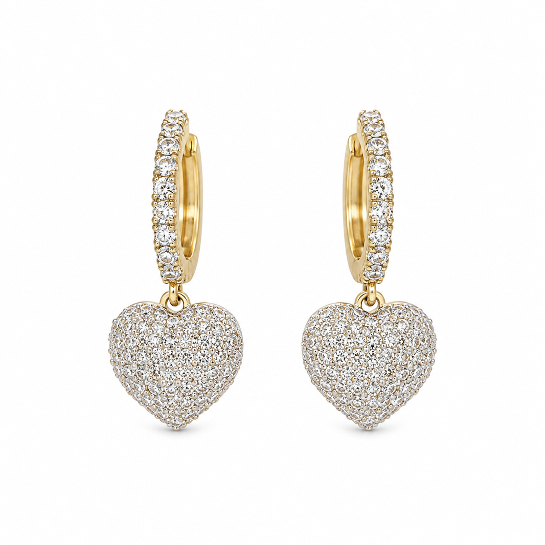 10K Yellow Gold Heart Dangle Hoop Earrings 0.65 ct Natural Diamond