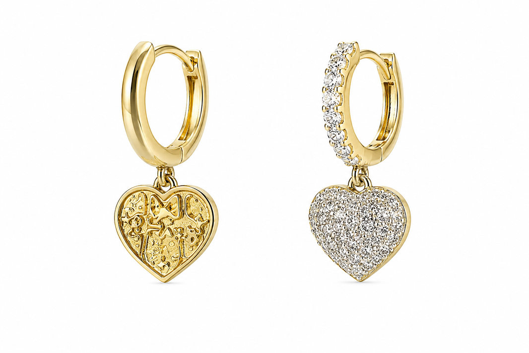 10K Yellow Gold Heart Dangle Hoop Earrings 0.65 ct Natural Diamond