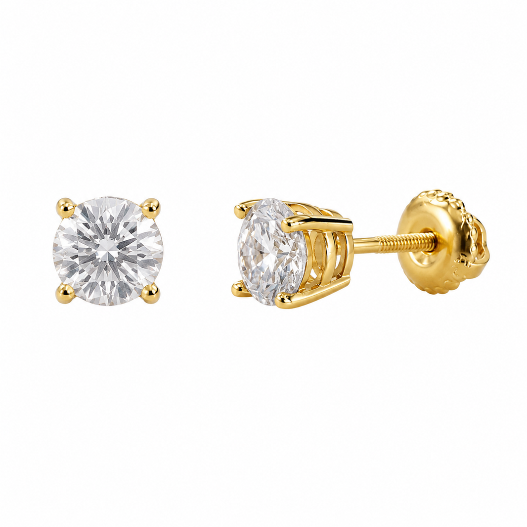 14K Yellow Gold Earrings Solitaire Round 0.95 ct Natural Diamond