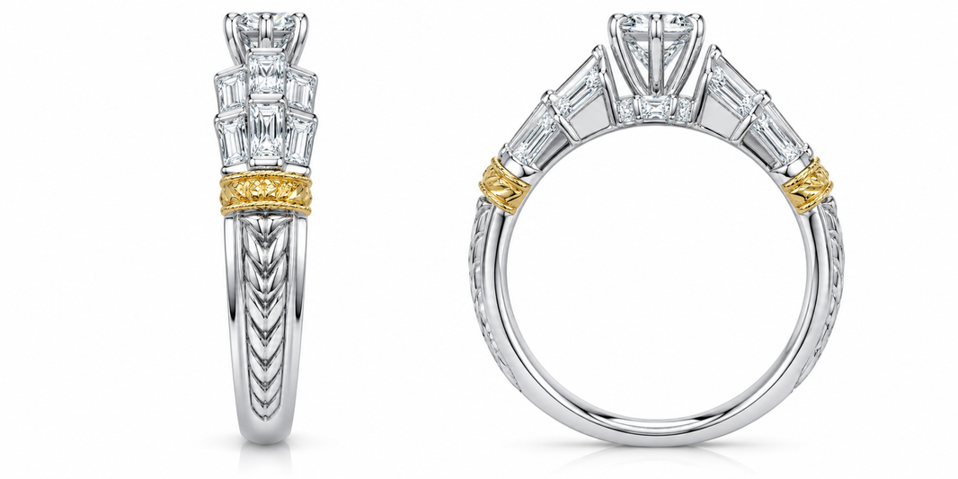 14K Two-Tone Gold Women's Wedding Ring 0.88 ct Round, Baguette Natural Diamond
