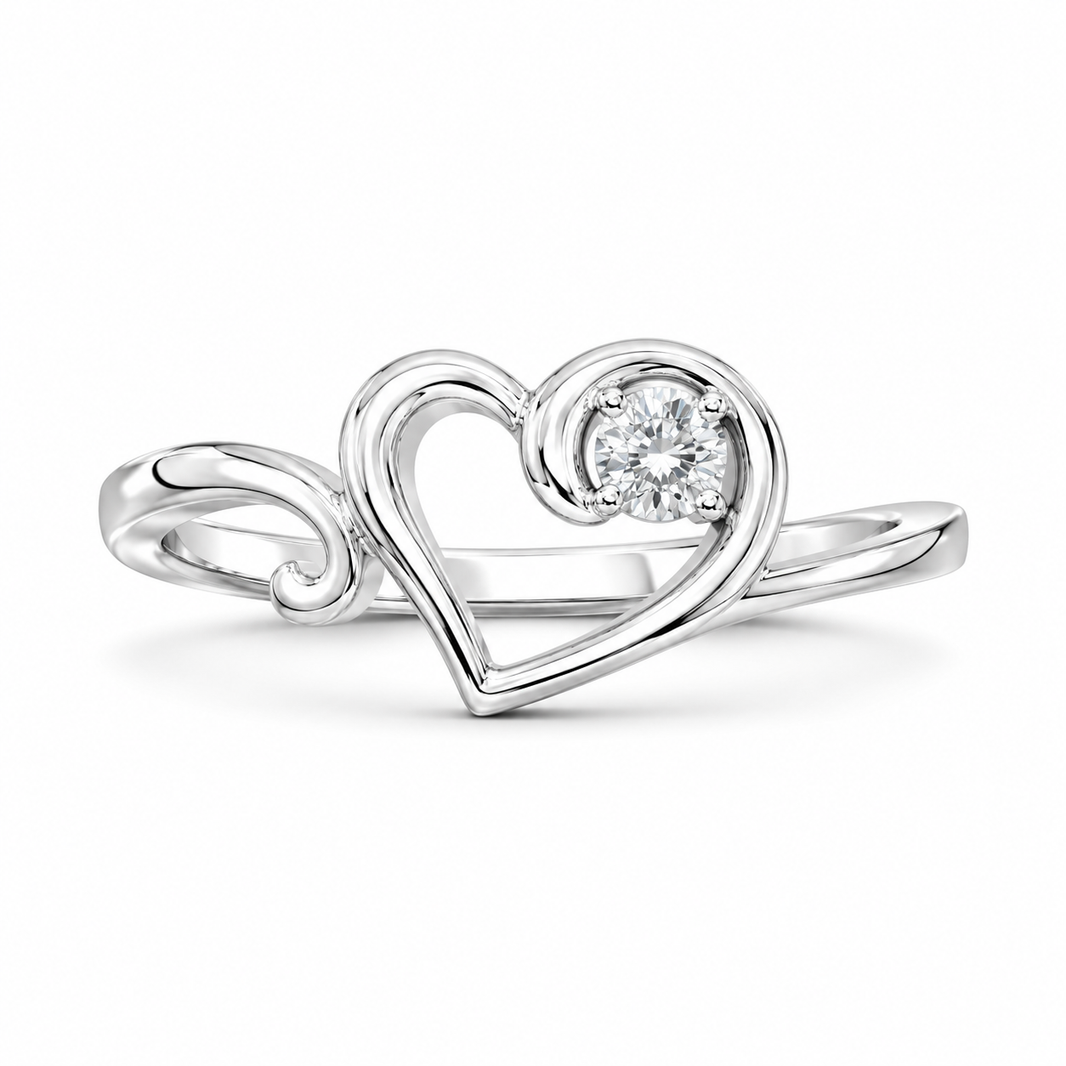 10K White Gold Women's Heart Ring 0.11 ct Natural Diamond
