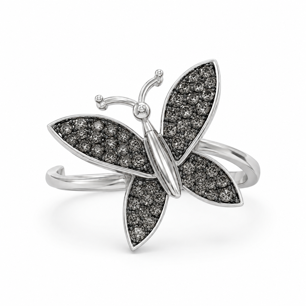 10K White Gold Women's Butterfly Ring 0.20 ct Natural Black Diamond