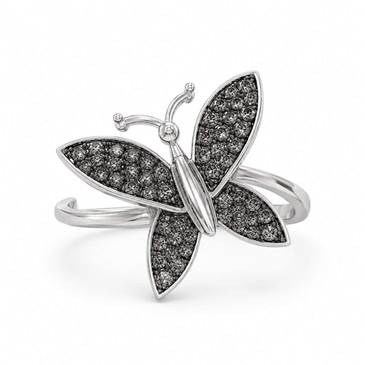 10K White Gold Women's Butterfly Ring 0.20 ct Natural Black Diamond